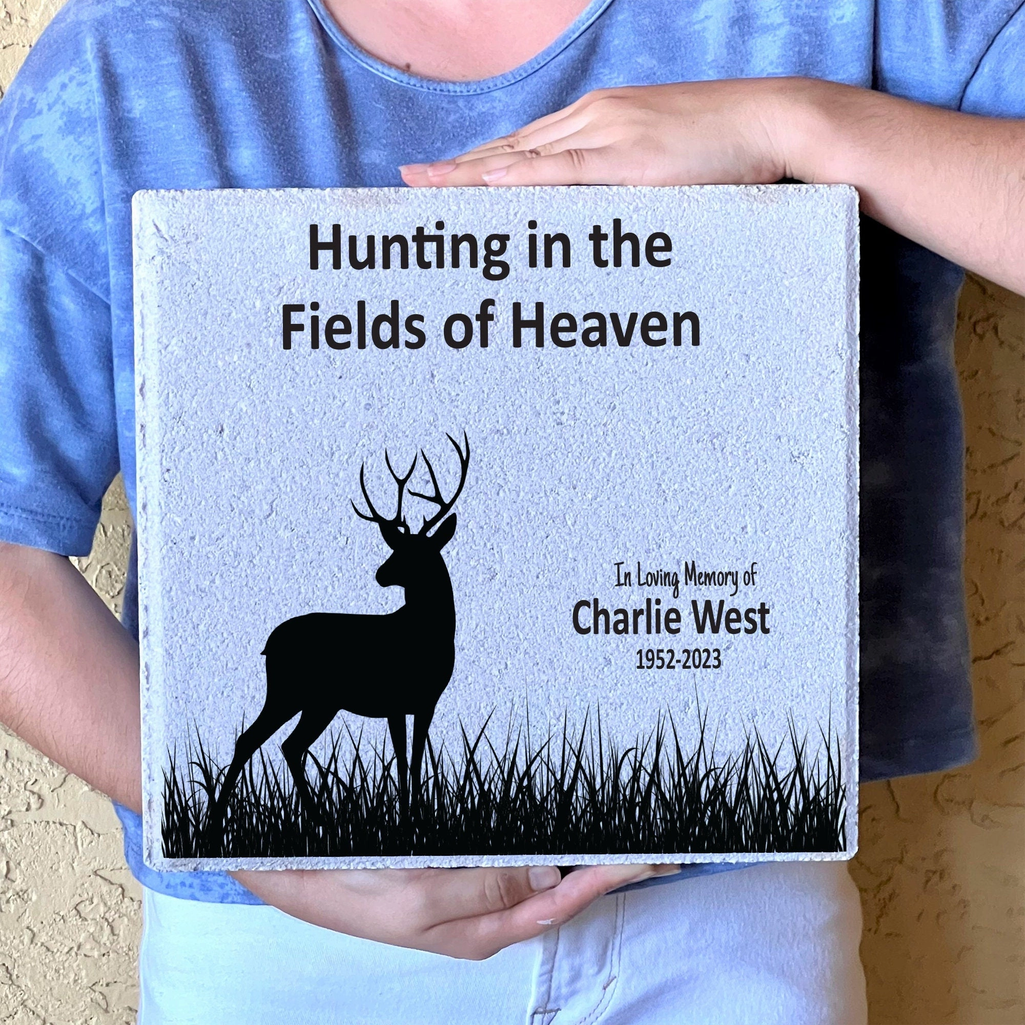 Hunter Memorial - Personalized 12x12 Stone - Hunting in the Fields of Heaven