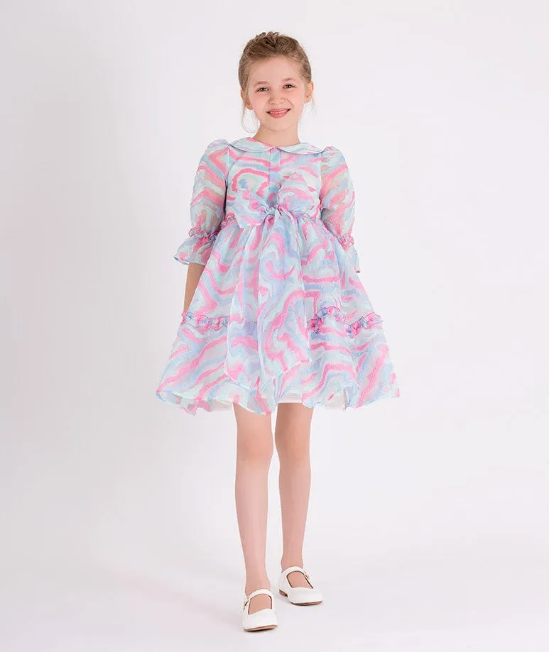 Mama Luma Girls Abstract Curve Organza Dress in Blue