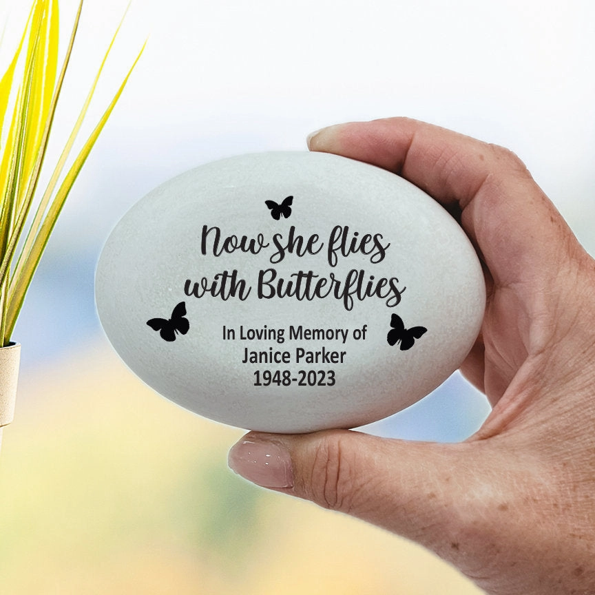 Memorial Stone - Now she flies with Butterflies - Custom Memorial Gift