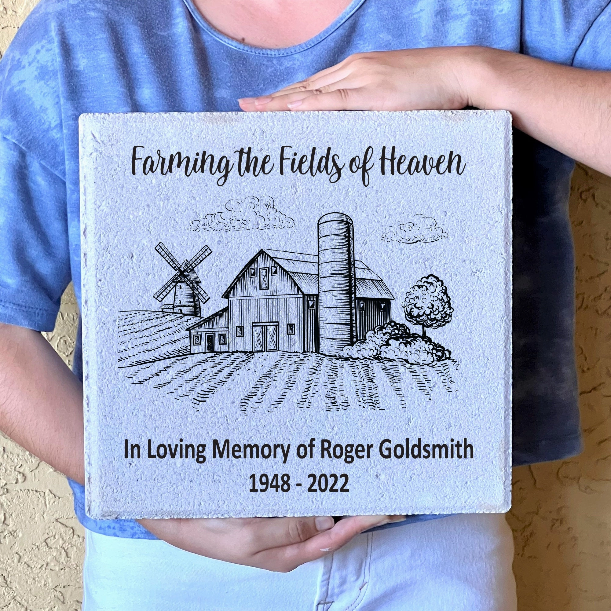 Memorial Stone - Personalized 12x12 Memorial - Farming the Fields of Heaven