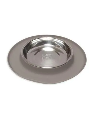 Messy Mutts Silicone Feeder With Stainless Saucer Shaped Cat Bowl-Grey cat essentials, basic cat supplies