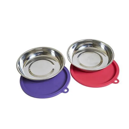 Messy Mutts Two Stainless Saucer Shaped Cat Bowls and Two Silicone Lids cat essentials, basic cat supplies