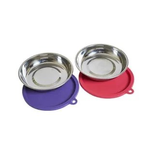 Messy Mutts Two Stainless Saucer Shaped Cat Bowls and Two Silicone Lids cat essentials, basic cat supplies