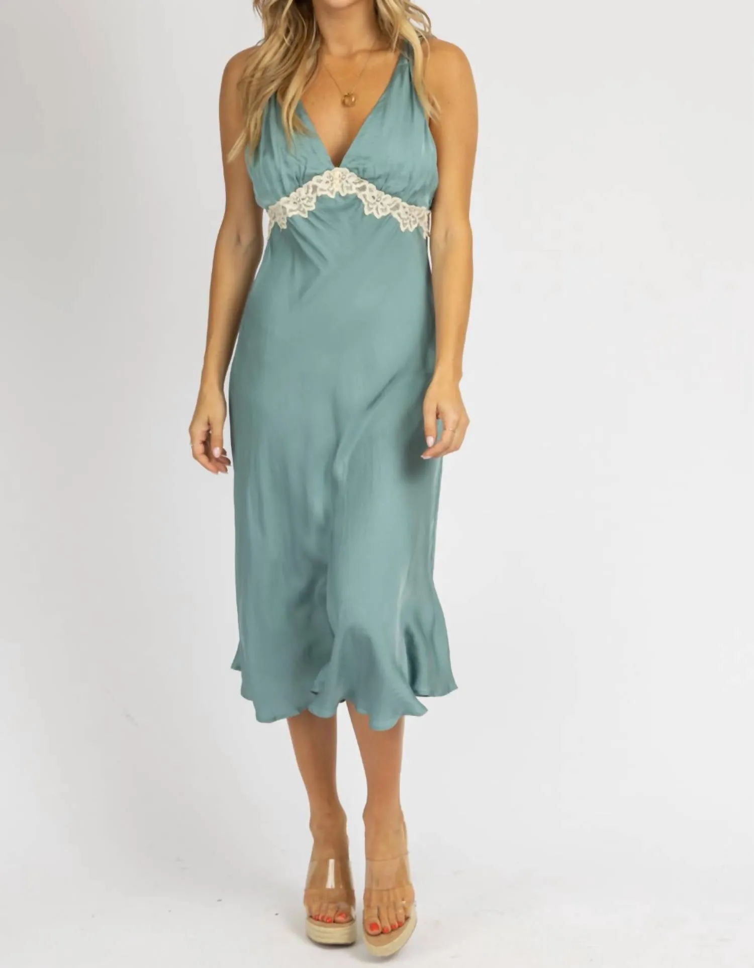 Moss Lace Midi Slip Dress In Green