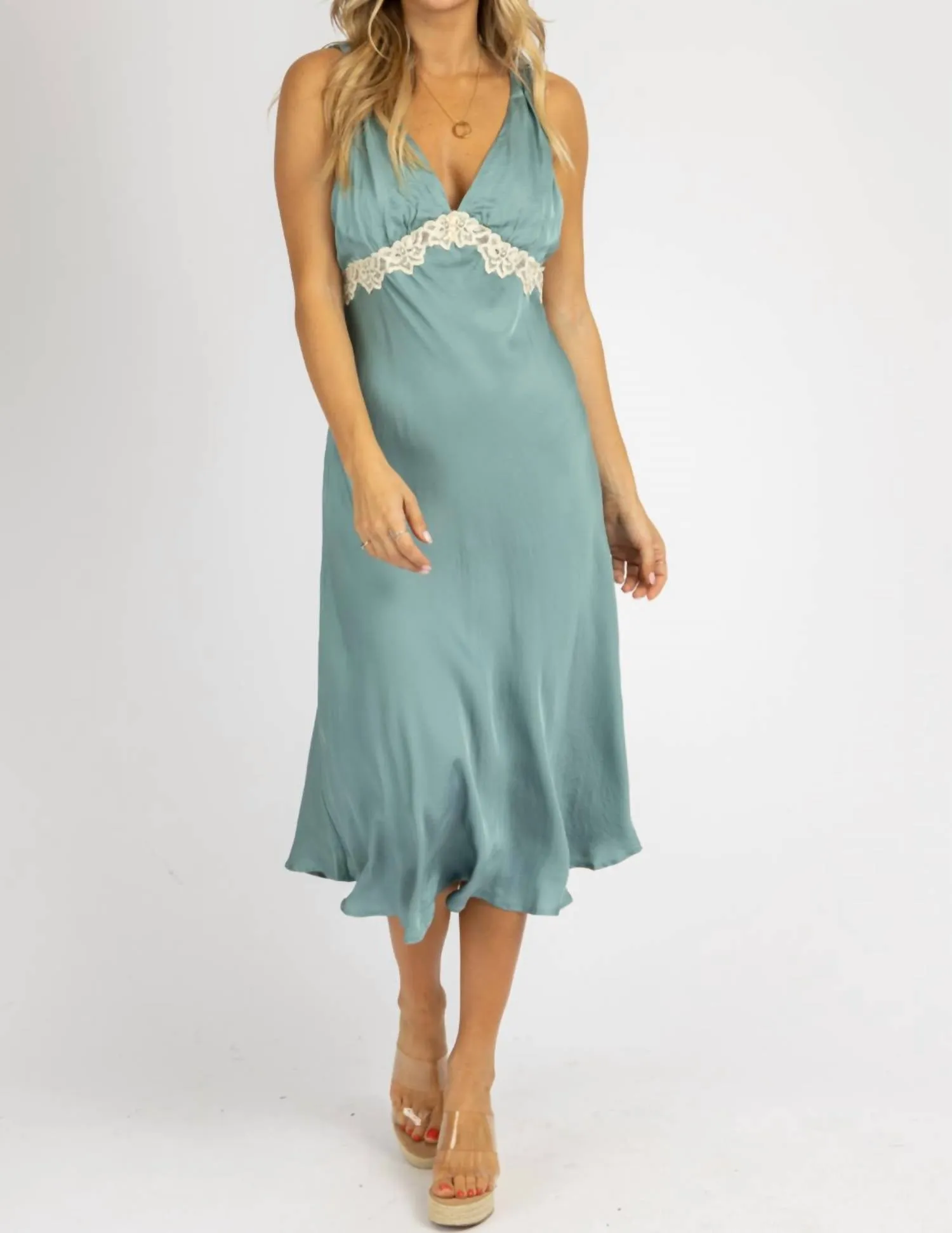 Moss Lace Midi Slip Dress In Green
