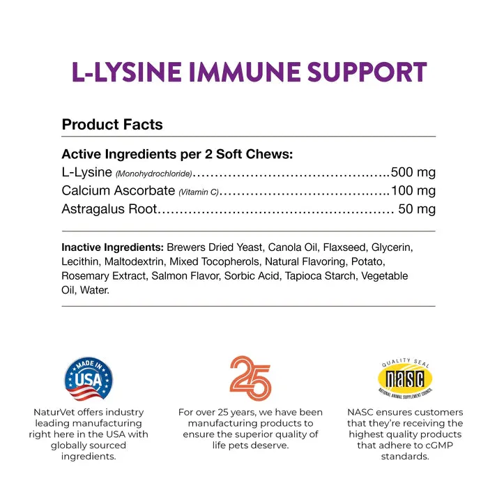 NaturVet L-Lysine Immune Support plus Antioxidants for Cats 60 soft chews