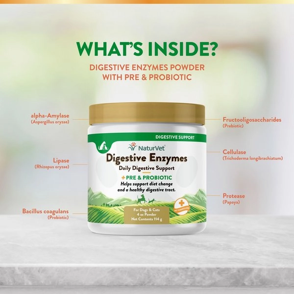 NaturVet Digestive Enzymes Powder Plus Pre & Probiotics for Dogs and Cats