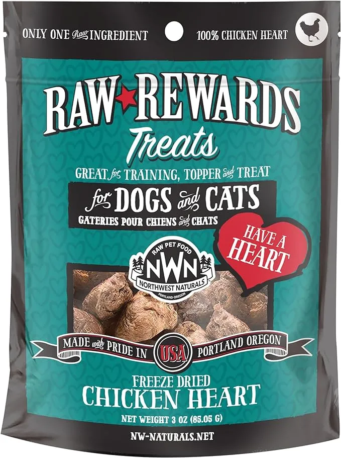 Northwest Naturals Raw Rewards Freeze-Dried Raw Chicken Heart Treats for Cats & Dogs freeze dried cat treats, single ingredient cat treats
