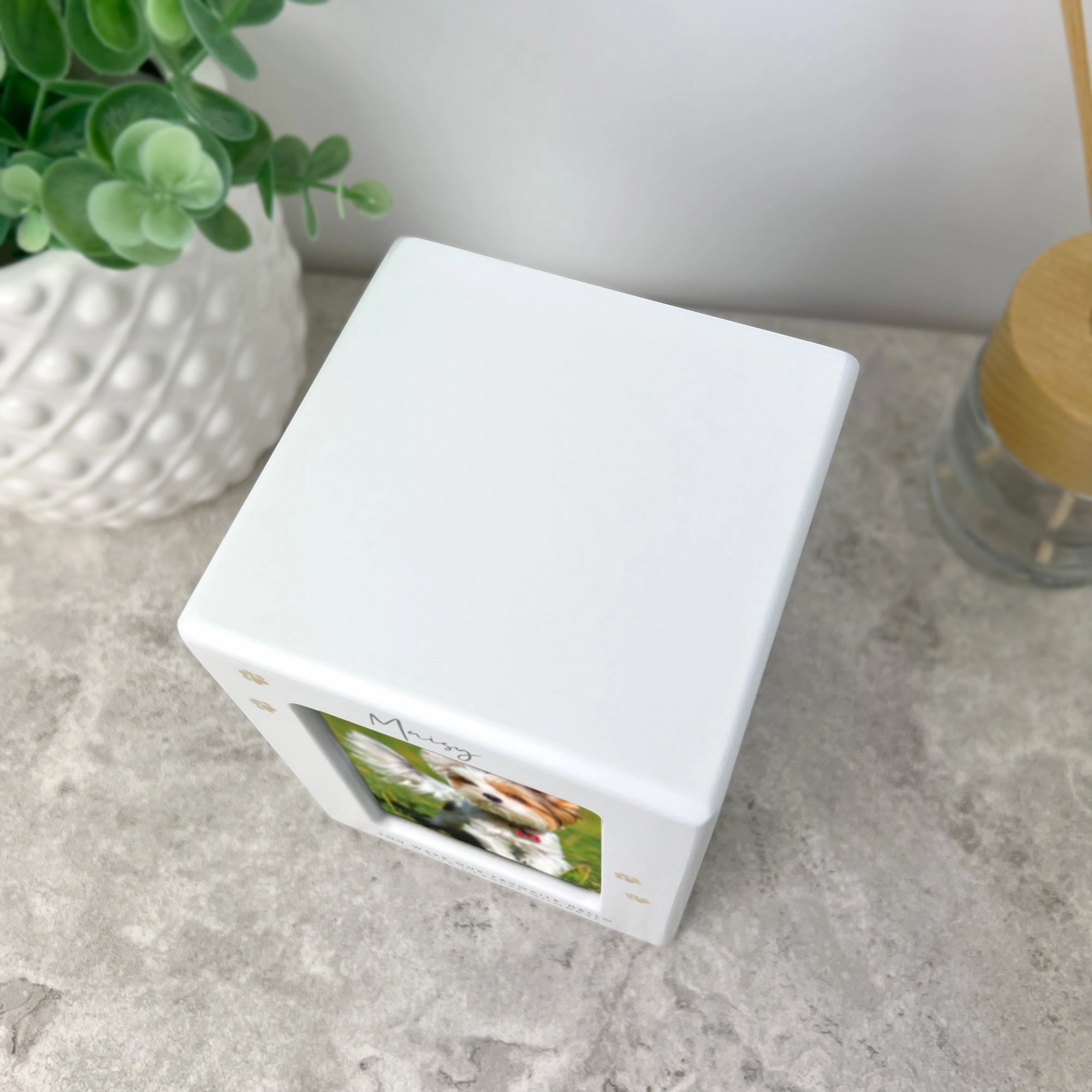 Personalised Neutral Paw Prints Cremation Urn For Pets Ashes Holds 9.5cm x 6cm Photo Portrait | 0.51 Litres