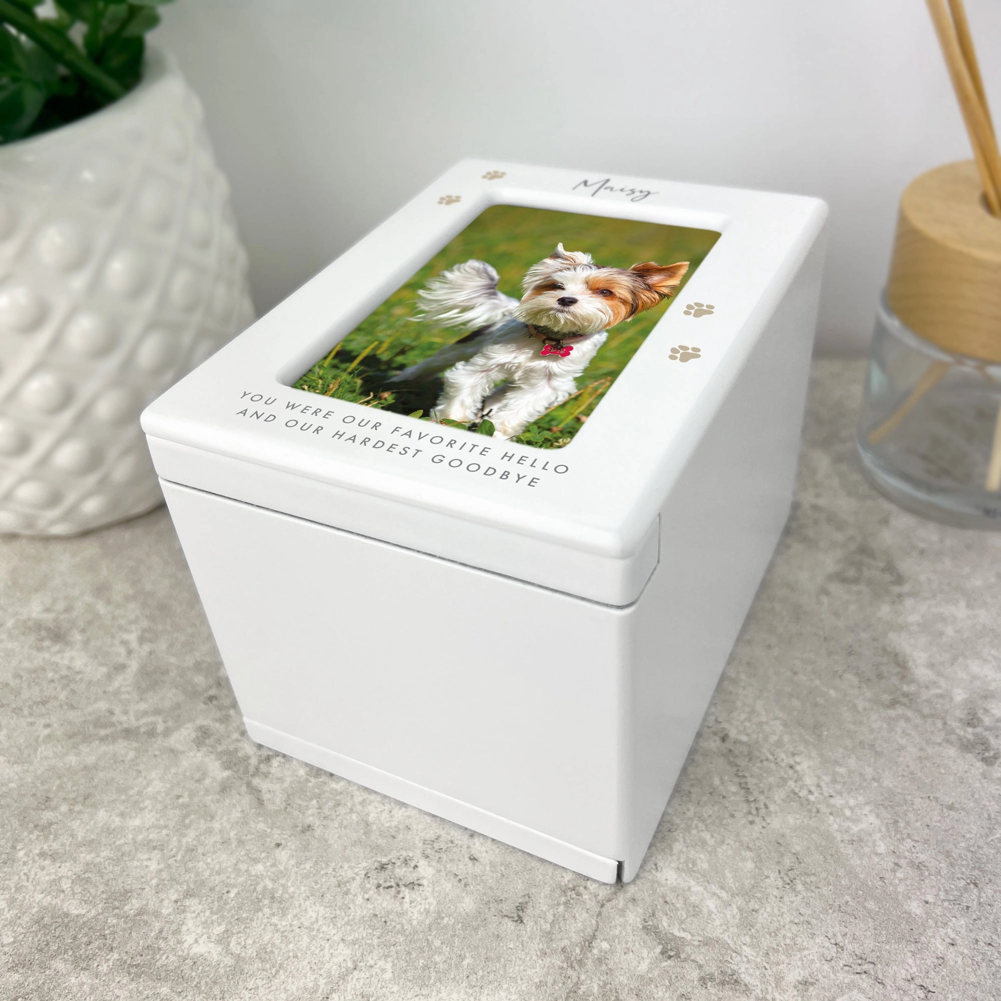 Personalised Neutral Paw Prints Cremation Urn For Pets Ashes Holds 9.5cm x 6cm Photo Portrait | 0.51 Litres