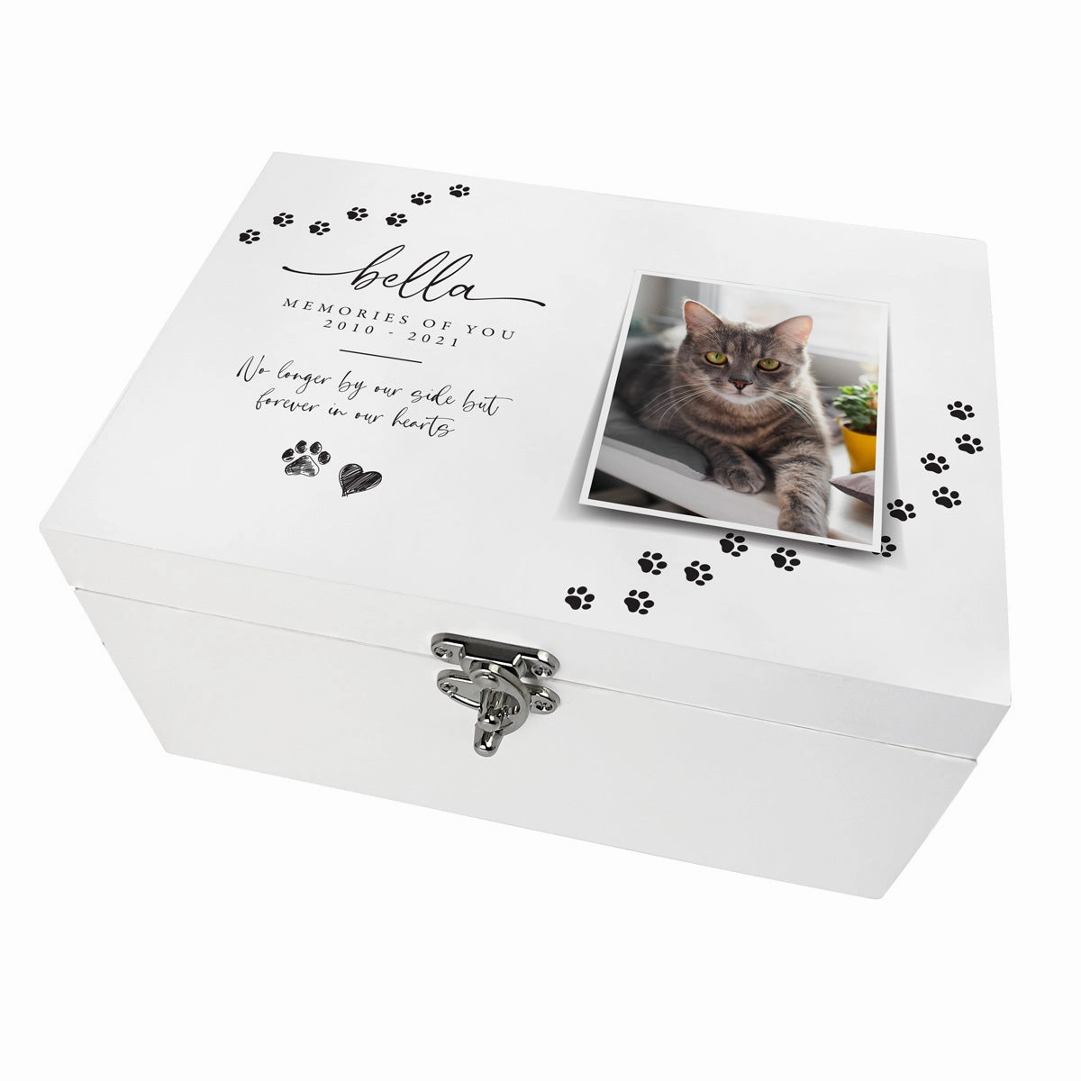 Personalised Paw Prints Pet Memorial White Wooden Photo Memory Box - 3 Sizes (22cm | 27cm | 30cm)