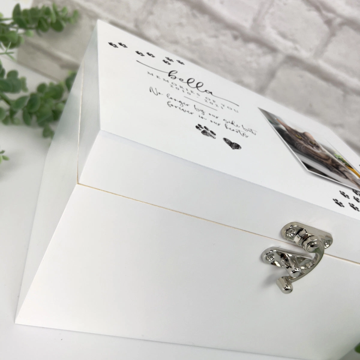 Personalised Paw Prints Pet Memorial White Wooden Photo Memory Box - 3 Sizes (22cm | 27cm | 30cm)