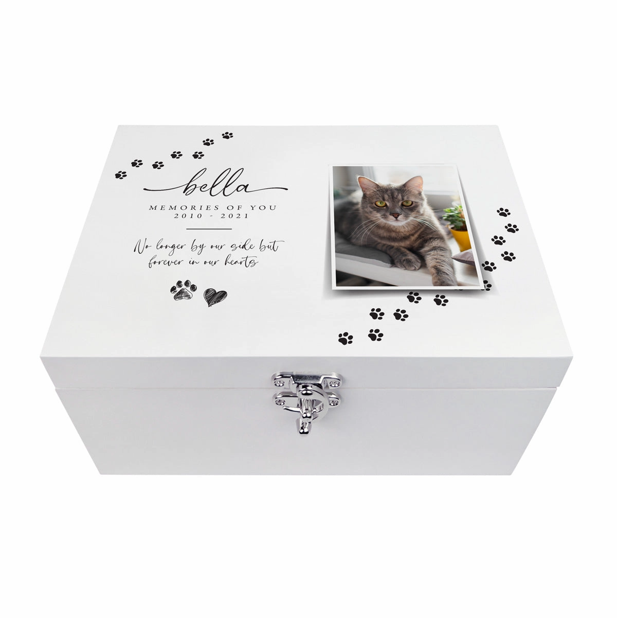 Personalised Paw Prints Pet Memorial White Wooden Photo Memory Box - 3 Sizes (22cm | 27cm | 30cm)