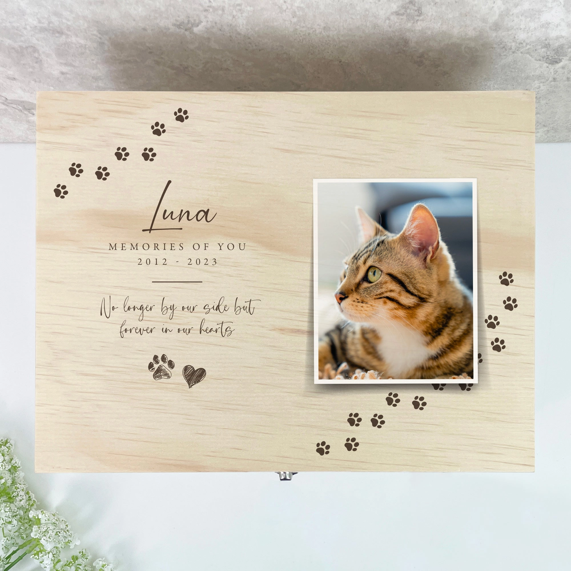 Personalised Paw Prints Pine Wooden Pet Memorial Photo Memory Box - 5 Sizes (16cm | 20cm | 26cm | 30cm | 36cm)