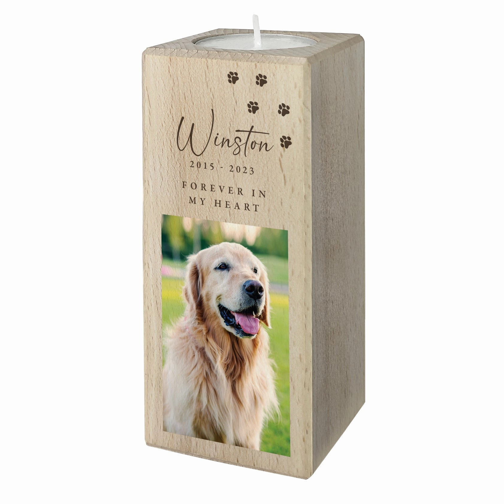 Personalised Solid Wooden Photo Pet Memorial Tea Light Holder - 2 Sizes