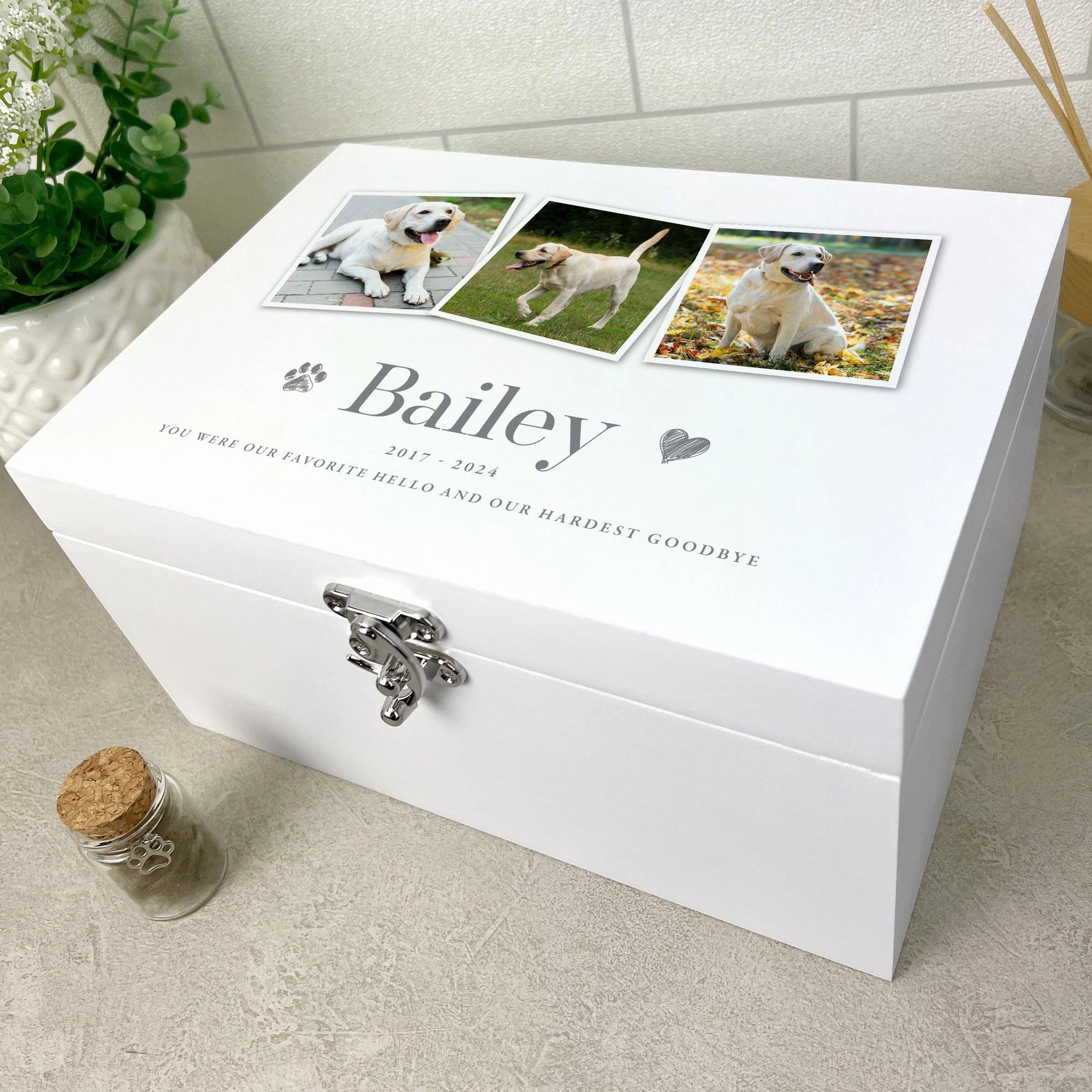 Personalised Three Photo Pet Memorial White Wooden Keepsake Box - 3 Sizes (22cm | 27cm | 30cm)