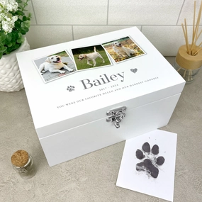 Personalised Three Photo Pet Memorial White Wooden Keepsake Box - 3 Sizes (22cm | 27cm | 30cm) poultry halters,bird leash