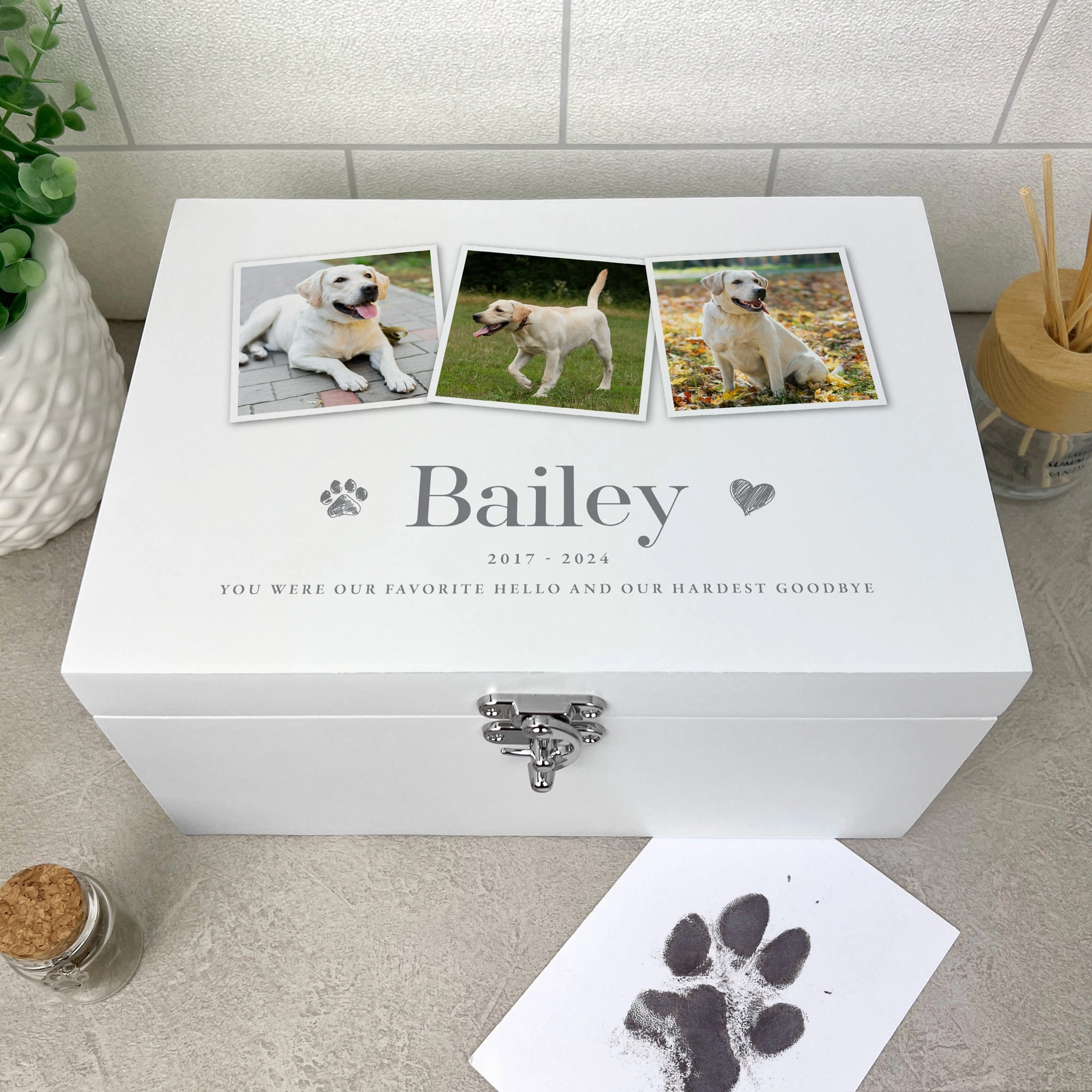 Personalised Three Photo Pet Memorial White Wooden Keepsake Box - 3 Sizes (22cm | 27cm | 30cm)