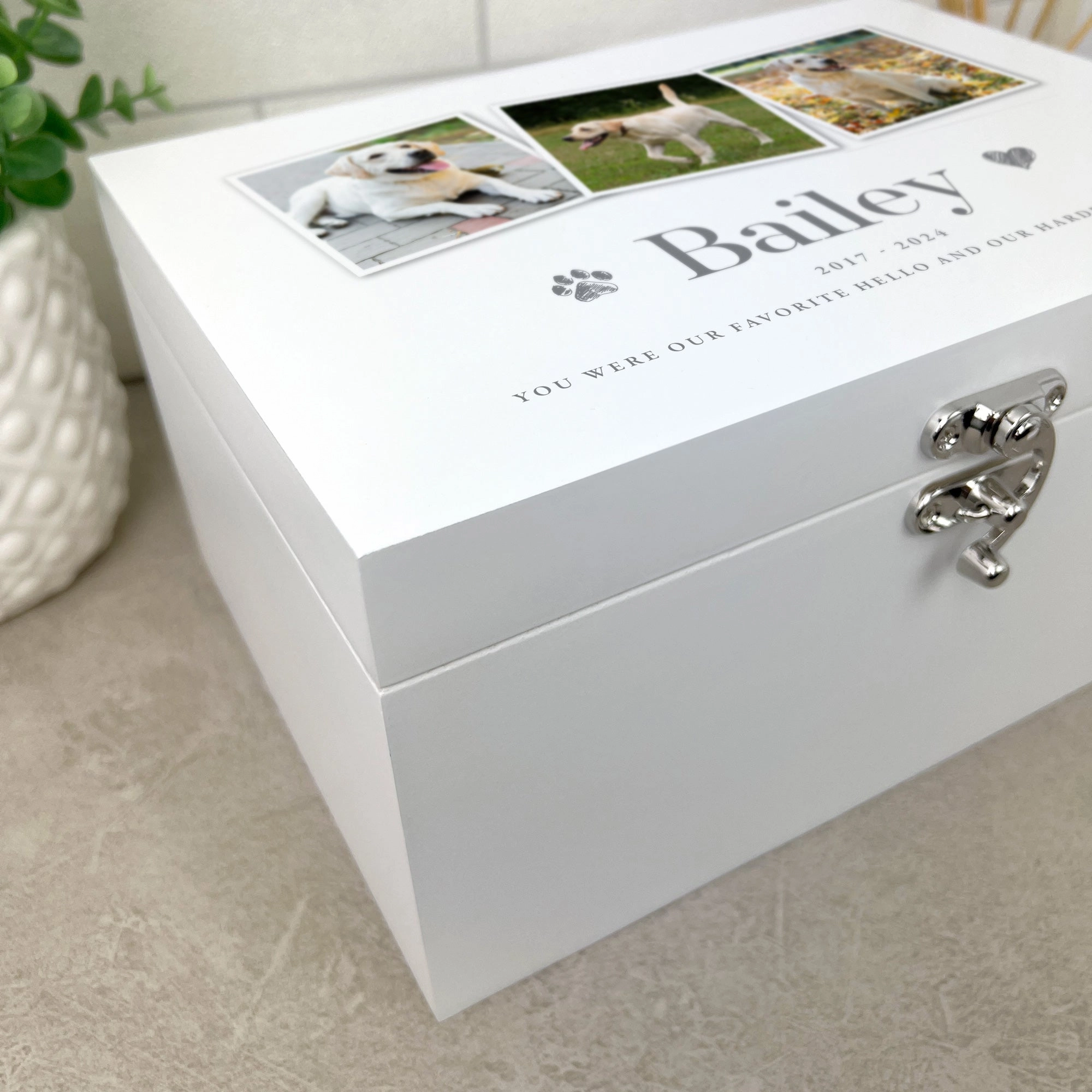 Personalised Three Photo Pet Memorial White Wooden Keepsake Box - 3 Sizes (22cm | 27cm | 30cm)