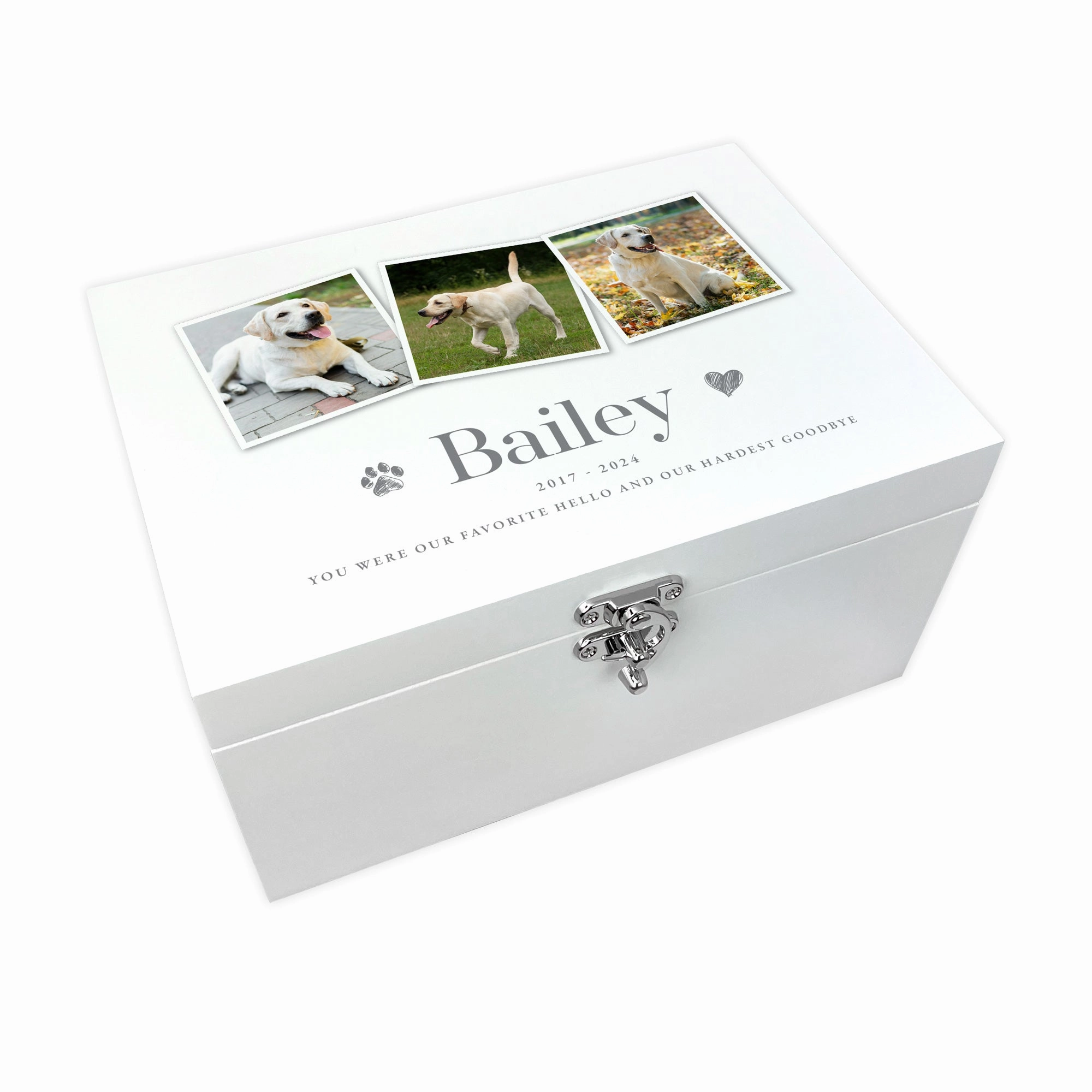 Personalised Three Photo Pet Memorial White Wooden Keepsake Box - 3 Sizes (22cm | 27cm | 30cm)
