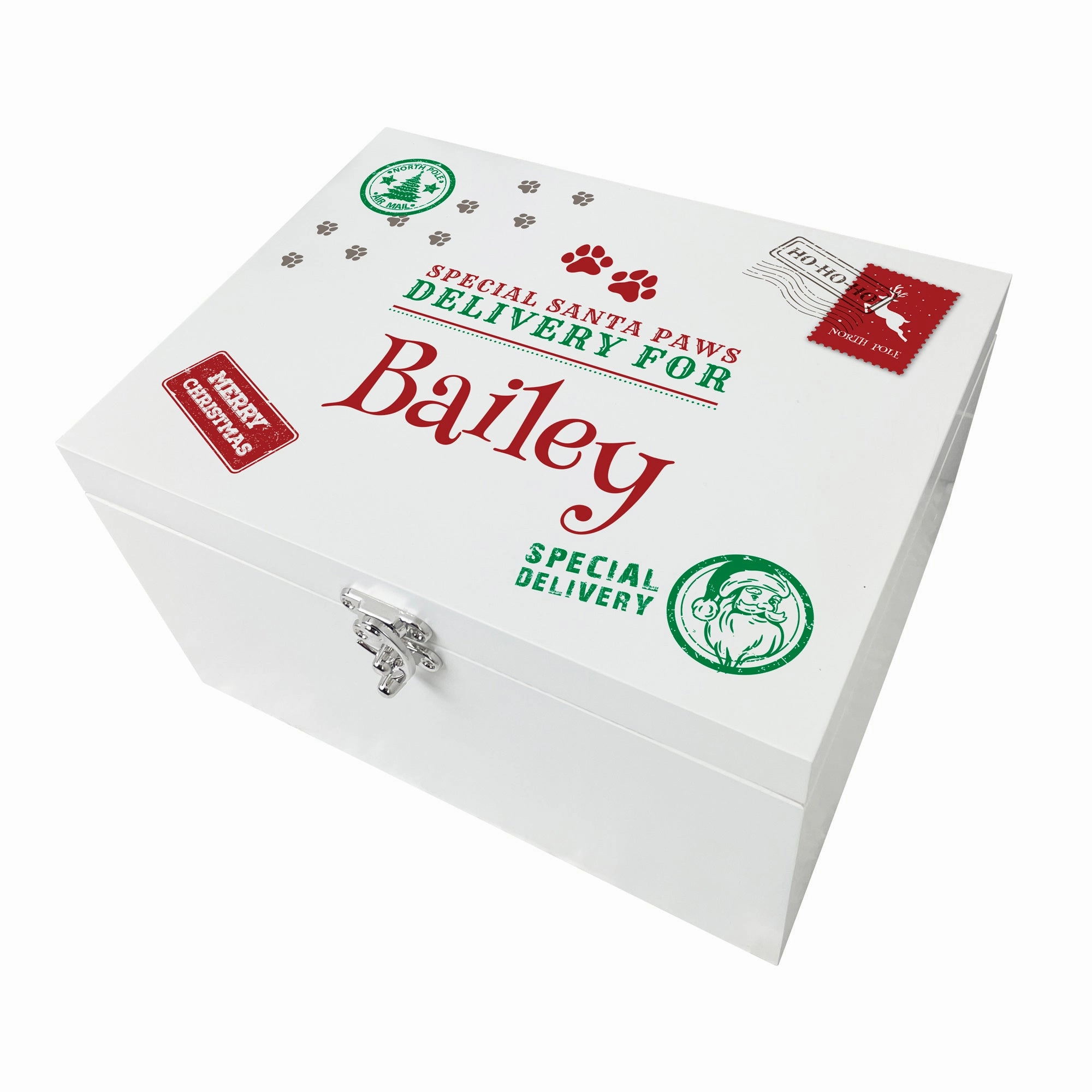 Personalised White Wooden North Pole Stamp Pet Christmas Eve Box - 3 Sizes (22cm | 27cm | 30cm)