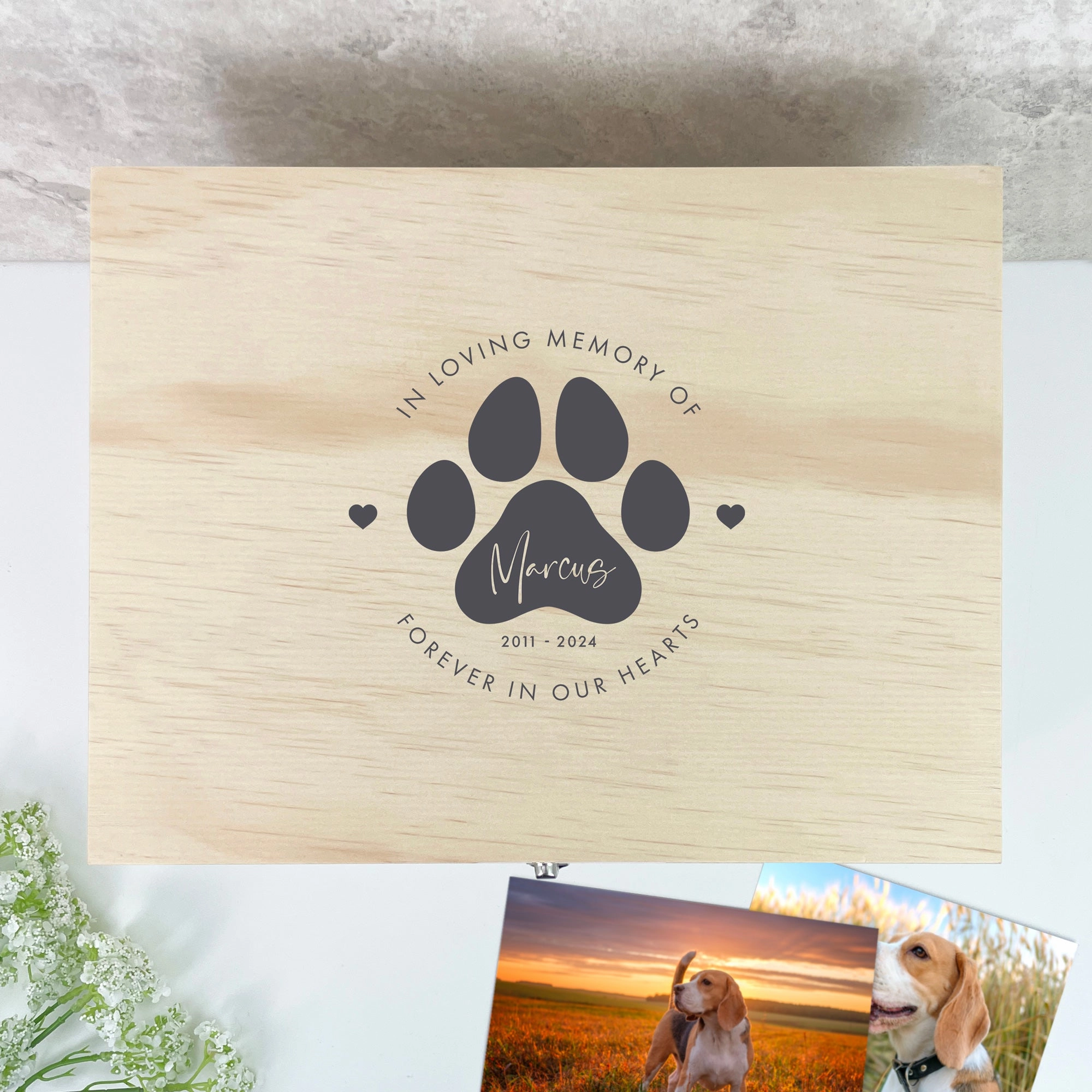 Personalised Wooden Pet Name Memorial Memory Box - 5 Sizes (16cm | 20cm | 26cm | 30cm | 36cm)