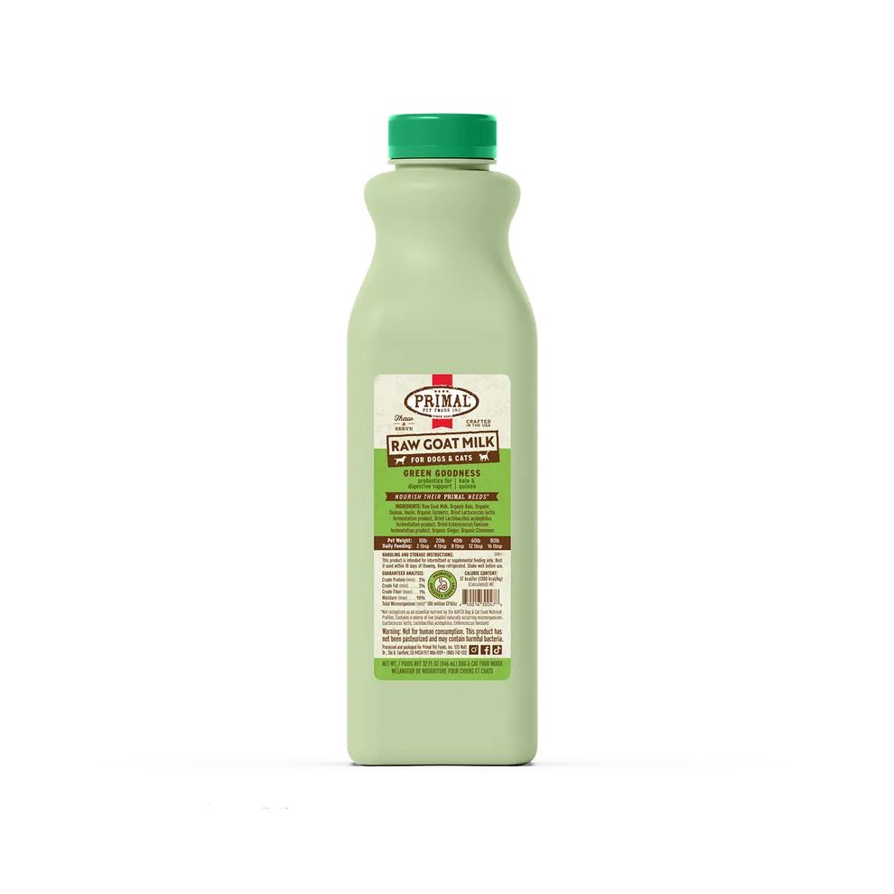 Primal Green Goodness Raw Frozen Goat Milk Bowl Booster for Cats and Dogs cat digestion aid, sensitive stomach cat food