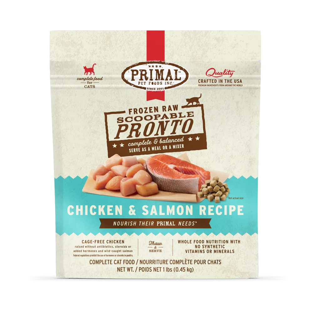 Primal Pronto Raw Frozen Chicken & Salmon Recipe Food For Cats raw food for cats, raw meat cat diet