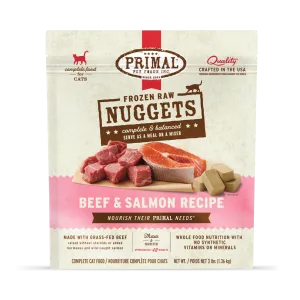 Primal Raw Frozen Beef & Salmon Formula Nuggets For Cats raw food for cats, raw meat cat diet