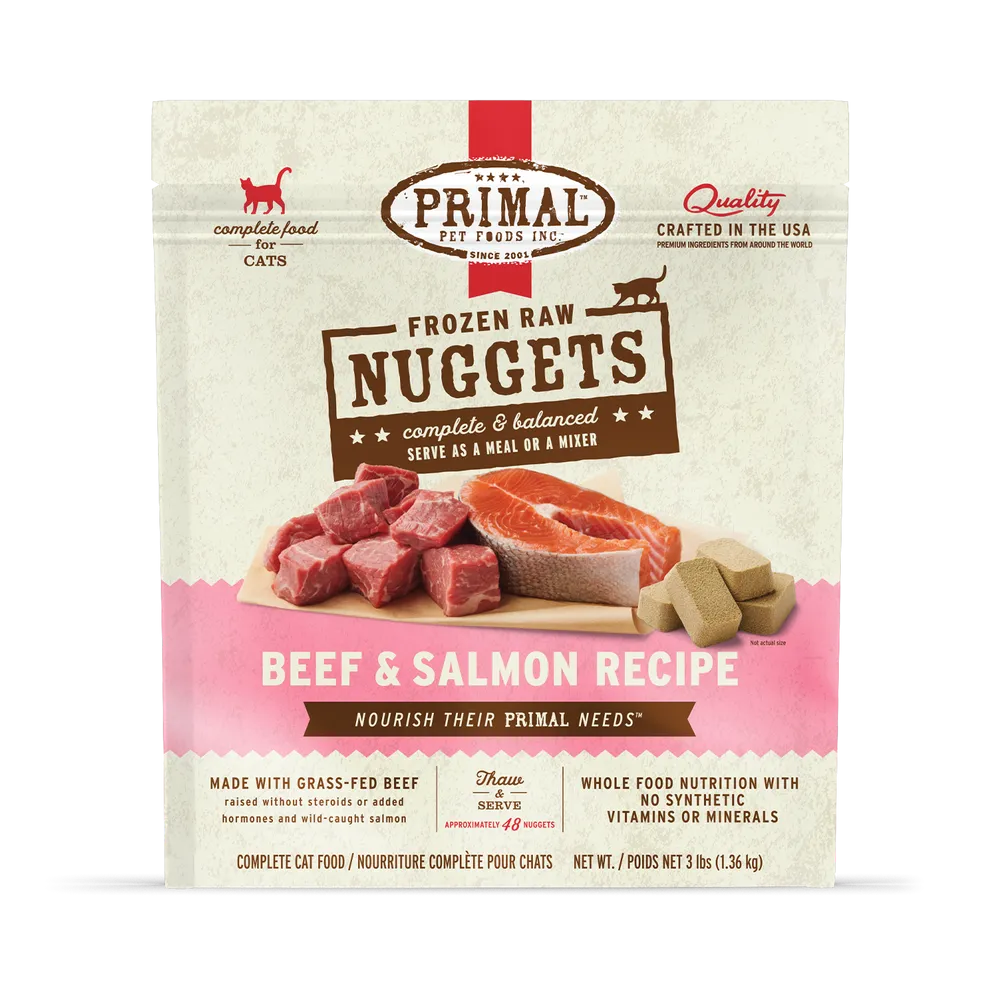 Primal Raw Frozen Beef & Salmon Formula Nuggets For Cats raw food for cats, raw meat cat diet