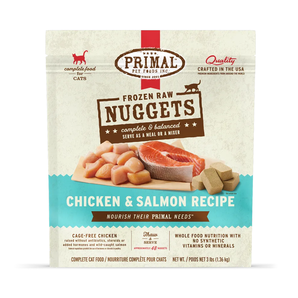 Primal Raw Frozen Nuggets Chicken & Salmon Formula For Cats raw food for cats, raw meat cat diet