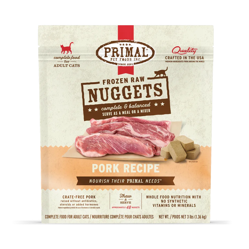 Primal Raw Frozen Pork Formula Nuggets For Cats raw food for cats, raw meat cat diet