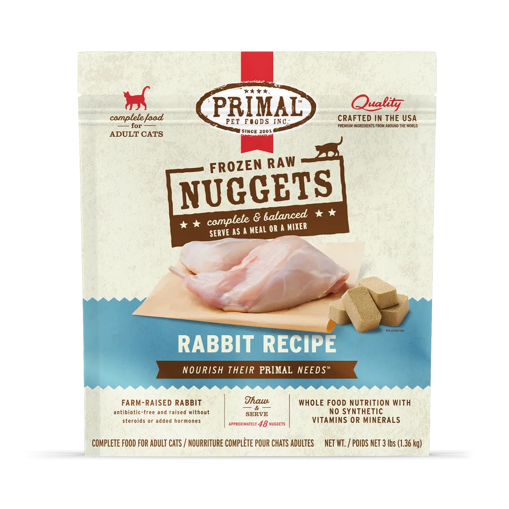 Primal Raw Frozen Rabbit Formula Nuggets For Cats raw food for cats, raw meat cat diet