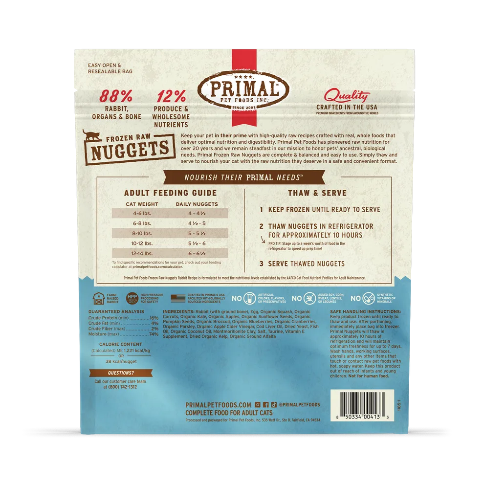 Primal Raw Frozen Rabbit Formula Nuggets For Cats