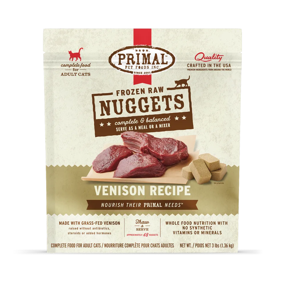 Primal Raw Frozen Venison Formula Nuggets For Cats raw food for cats, raw meat cat diet