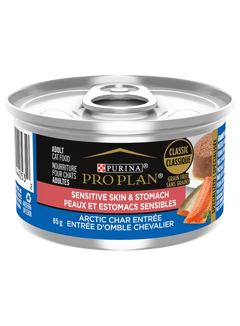 ProPlan Cat Sensitive Skin & Stomach Arctic Char Entre Grain Free Classic 3oz adult cat food, best cat food for adults