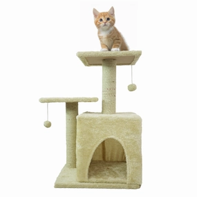 Skatrs Cat Tree with Sisal Rope, Scratching Post, Condo & Hanging Toys for Cats & Kittens (Beige)