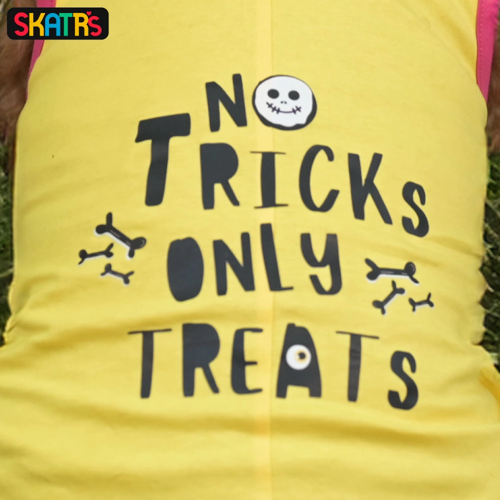 Skatrs No Tricks Only Treats Printed Summer Cotton T Shirt Dogs and Cats (Yellow)