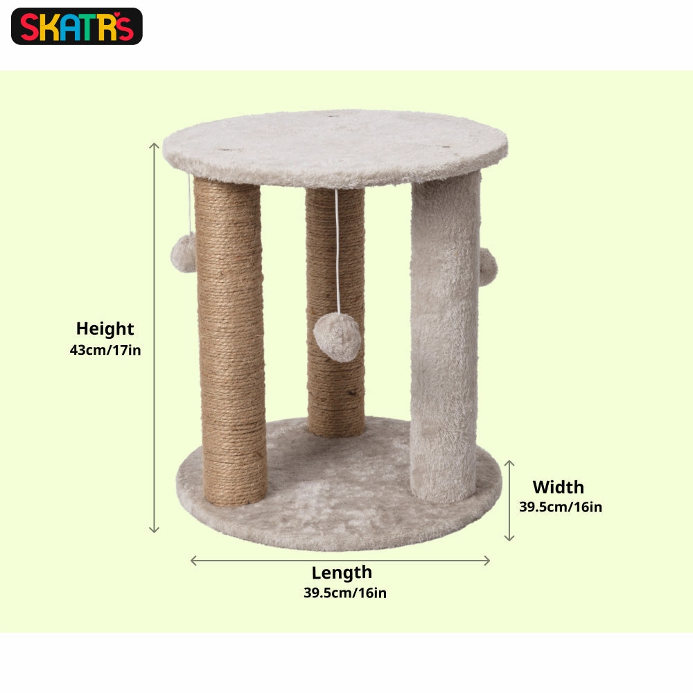 Skatrs Whisker Wonderland Circular Three Scratching Post with Hanging Pom Pom Cat Tree Toy (Grey)