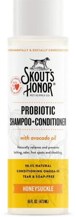 Skout's Honor Probiotic Shampoo Conditioner Honeysuckle cat grooming brush, cat shampoo