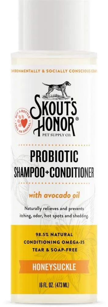 Skout's Honor Probiotic Shampoo Conditioner Honeysuckle cat grooming brush, cat shampoo