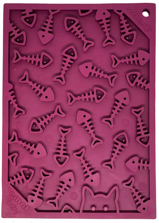 SodaPup Plum Fishy Design eMat Enrichment Lick Mat for Dogs & Cats cat bowl, elevated cat feeder