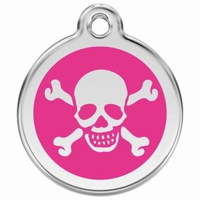 Stainless Steel And Enamel Skull And Crossbones Hot Pink Dog ID Tag