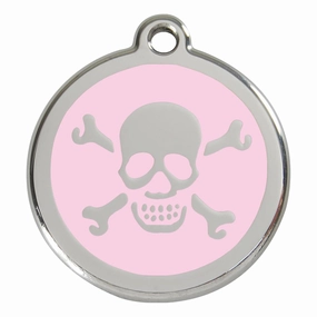 Stainless Steel And Enamel Skull And Crossbones Pink Dog ID Tag