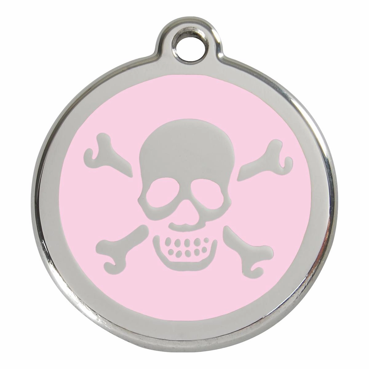 Stainless Steel And Enamel Skull And Crossbones Pink Dog ID Tag