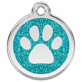 Stainless Steel And Glitter Enamel Paw Print Aqua Dog ID Tag
