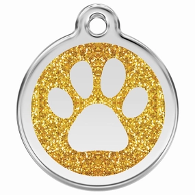Stainless Steel And Glitter Enamel Paw Print Gold Dog ID Tag