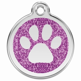 Stainless Steel And Glitter Enamel Paw Print Purple Dog ID Tag