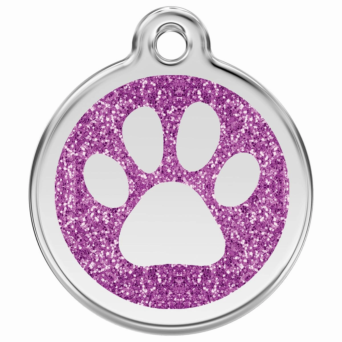 Stainless Steel And Glitter Enamel Paw Print Purple Dog ID Tag