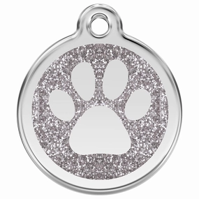 Stainless Steel And Glitter Enamel Paw Print Silver Dog ID Tag